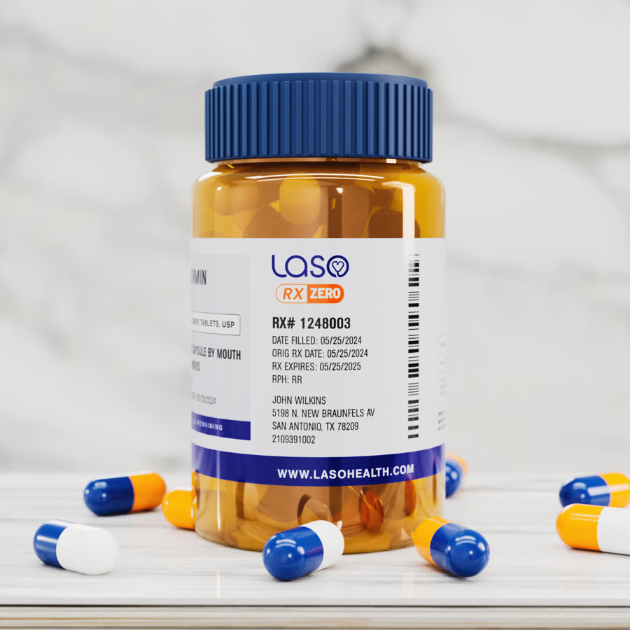 CGI render of a Laso RX Zero prescription bottle on marble